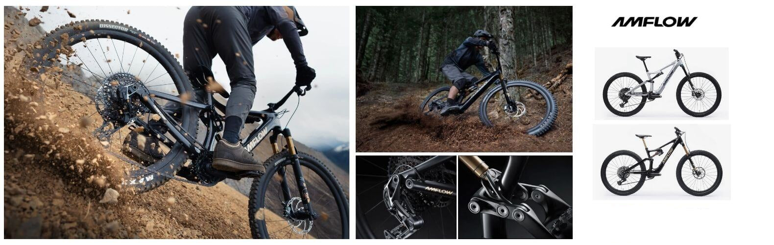 Biker riding a mountain bike through a forest with AMFlow e-bike illustrations on the right.